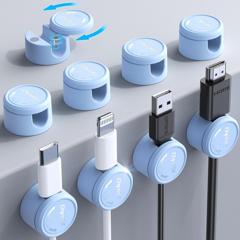 Chfeila 9 Pack Cord Organizer, [360°Rotating Twist-Lock] Magnetic Cable Management Clips, Adhesive Phone Charging Keeper Wire Cord Holder for Nightstand/Car/Wall, Office Desk Accessories Decor (Blue) - Image 1